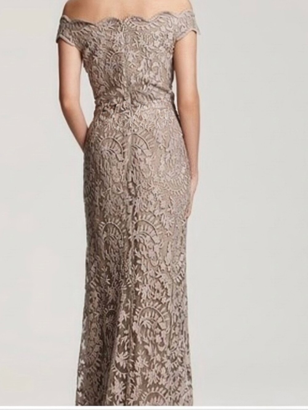 Tadashi Shoji $598 Embroidered Lace Off-Shoulder Evening Gown Women's 4 Taupe - Picture 2 of 10